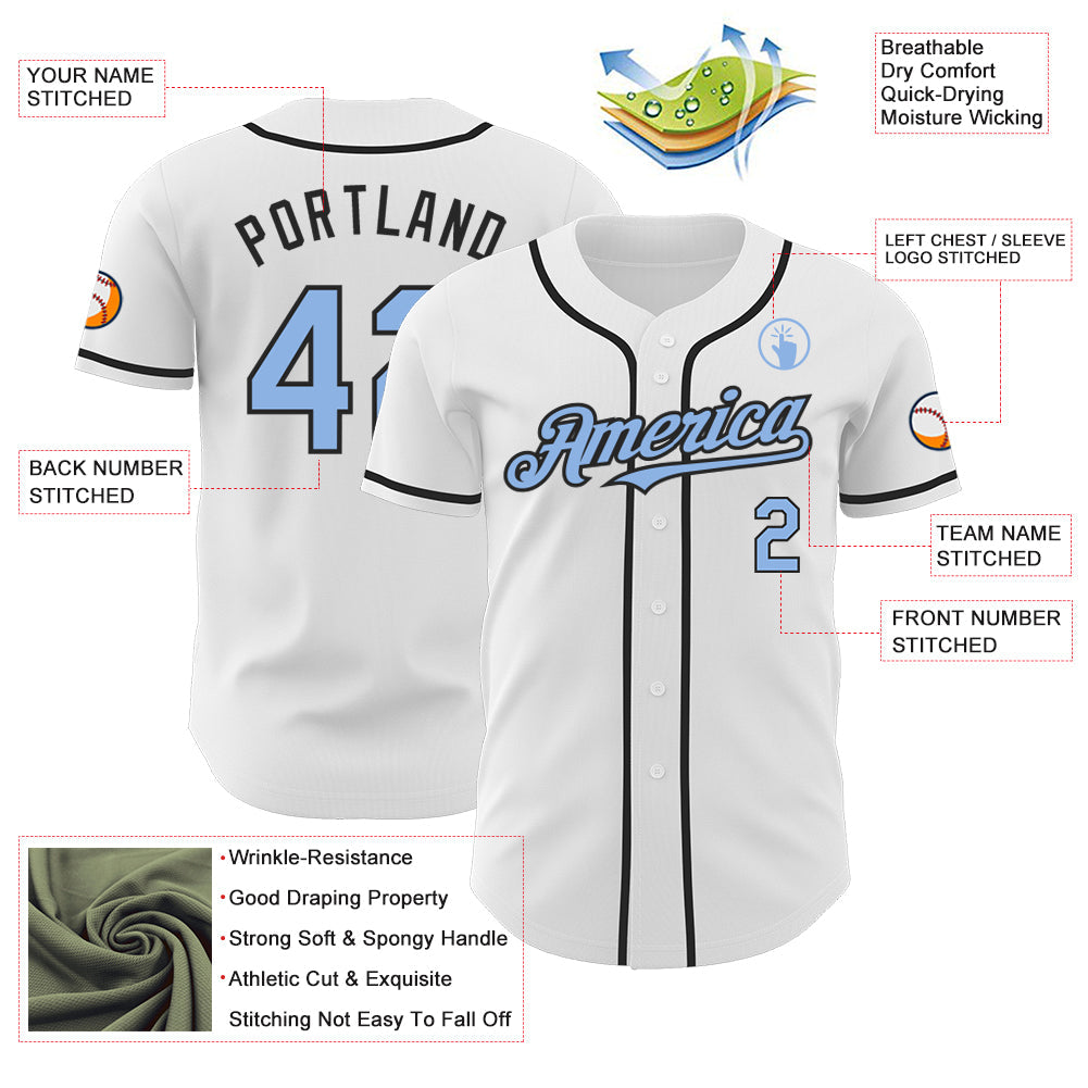 Custom White Light Blue-Black Authentic Baseball Jersey view 3