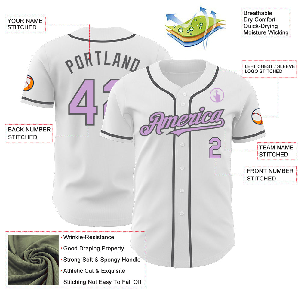 Custom White Light Purple-Steel Gray Authentic Baseball Jersey view 3