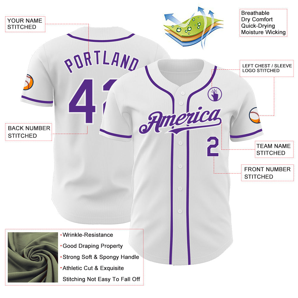 Custom White Purple Authentic Baseball Jersey view 3
