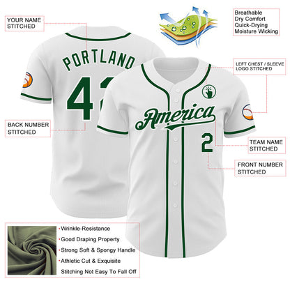 Custom White Green Authentic Baseball Jersey view 3