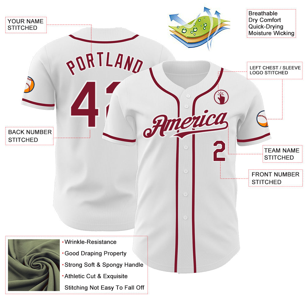 Custom White Crimson Authentic Baseball Jersey view 3