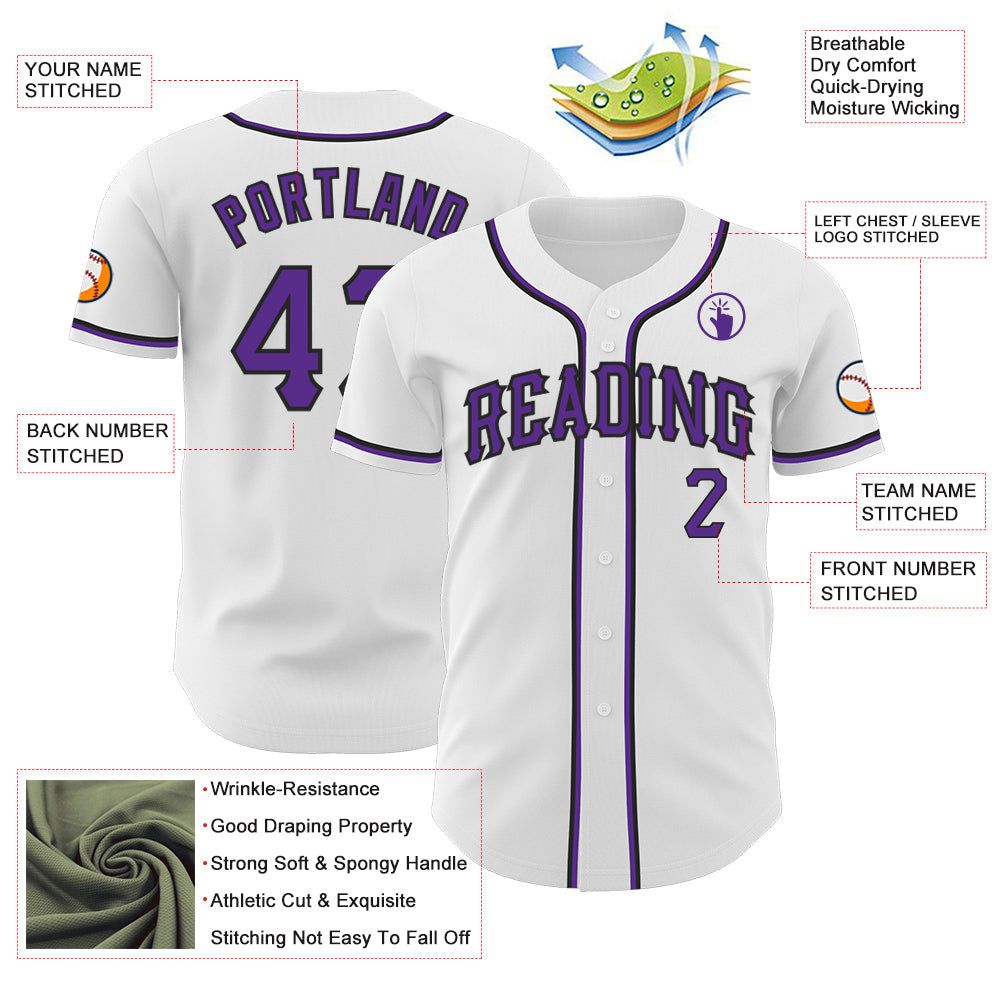 Custom White Purple-Black Authentic Baseball Jersey view 3