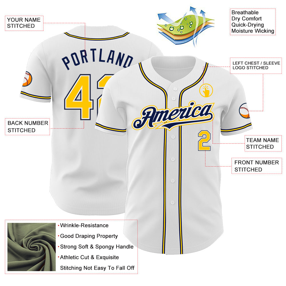 Custom White Yellow-Navy Authentic Baseball Jersey view 3