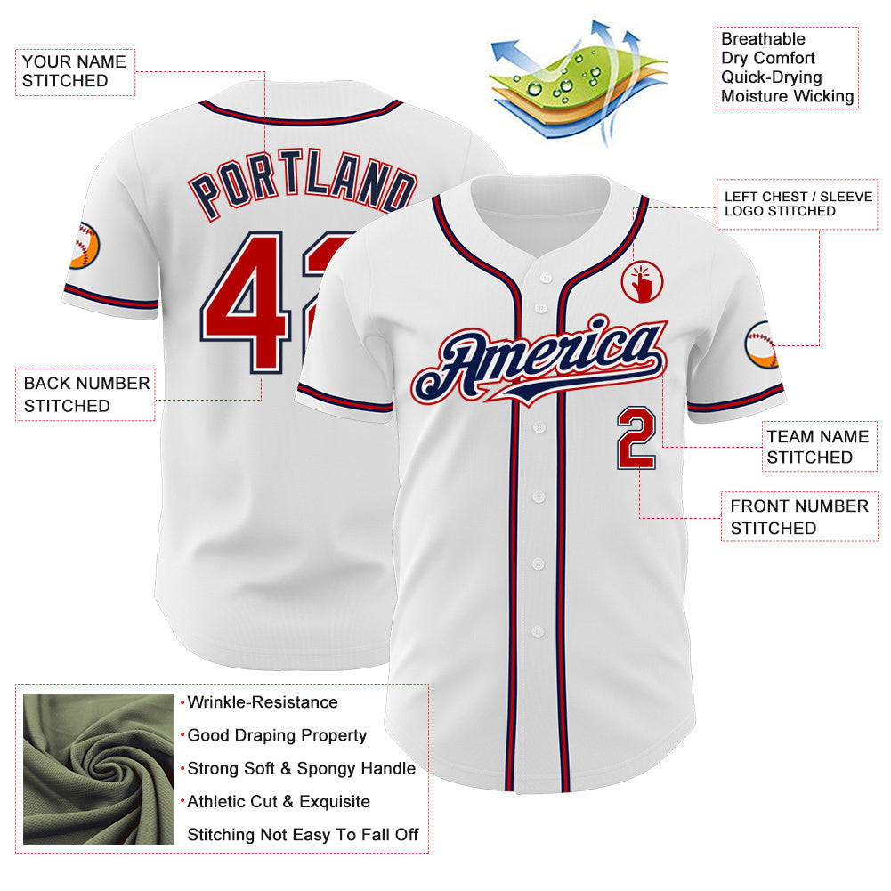 Custom White Red-Navy Authentic Baseball Jersey view 3
