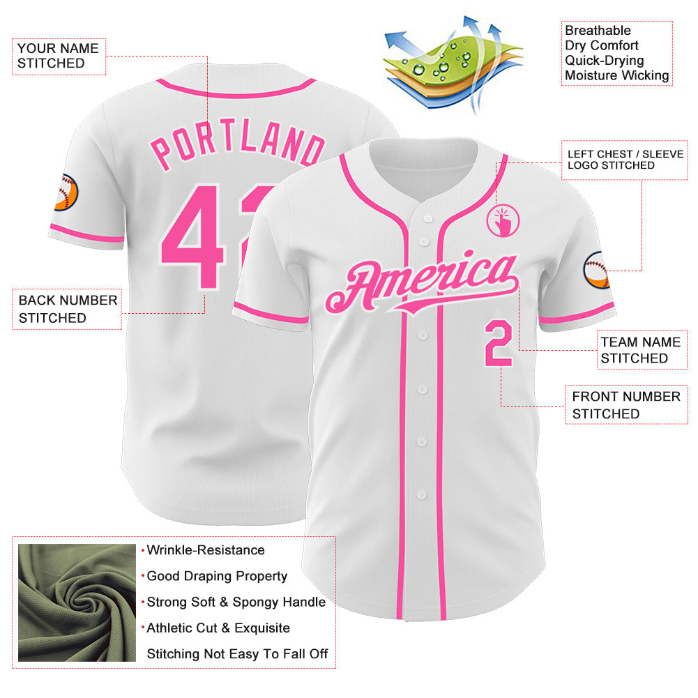 Custom White Pink Authentic Baseball Jersey view 3