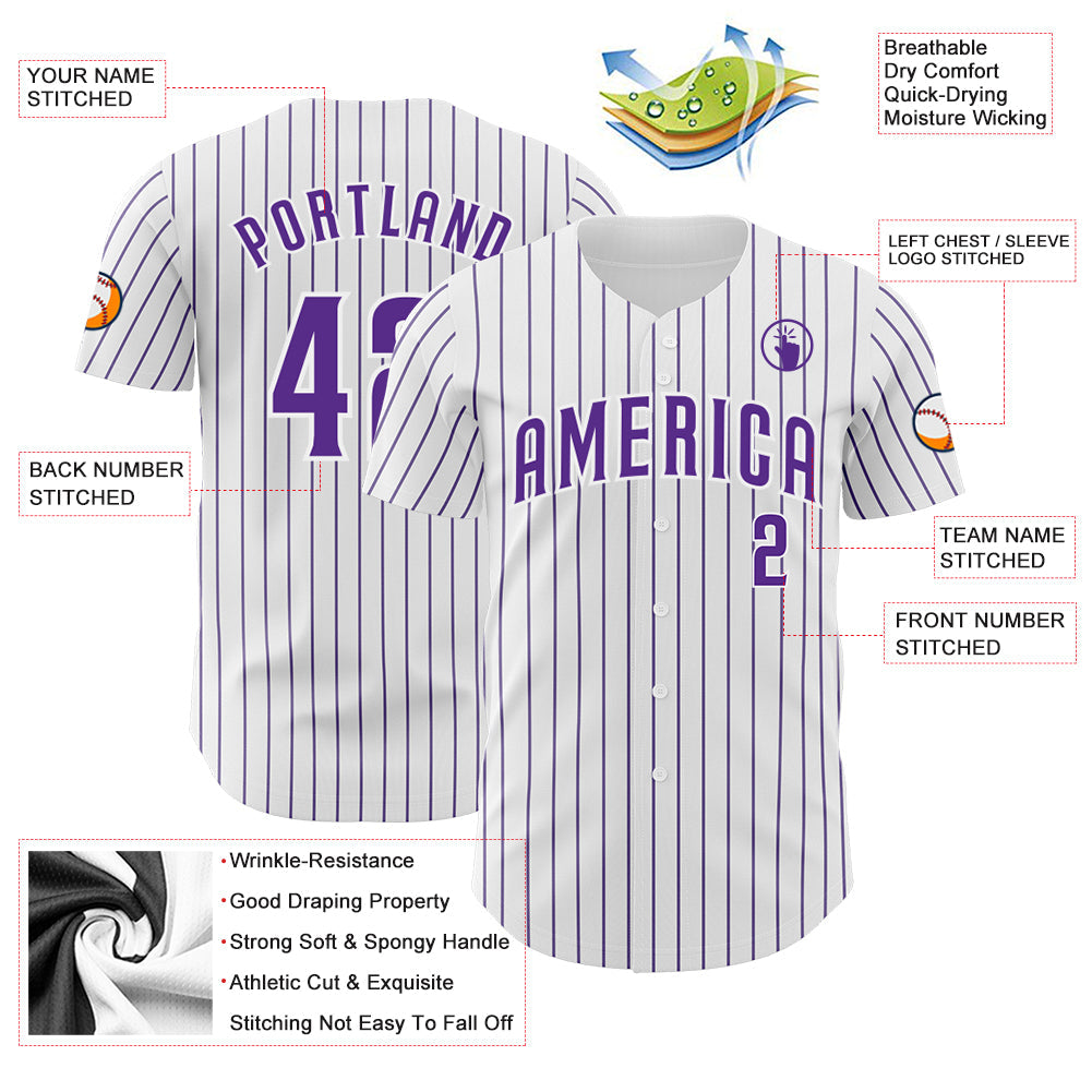Custom White Purple Pinstripe Purple Authentic Baseball Jersey view 3