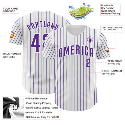 Custom White Purple Pinstripe Purple Authentic Baseball Jersey view 3