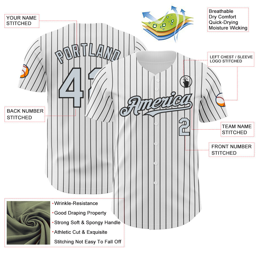 Custom White Black Pinstripe Silver Authentic Baseball Jersey view 3