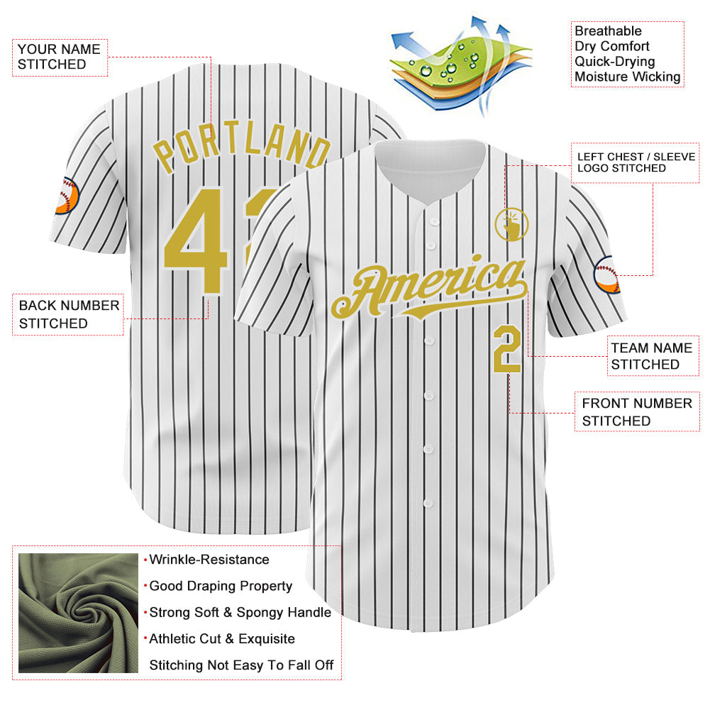 Custom White Black Pinstripe Old Gold Authentic Baseball Jersey view 3
