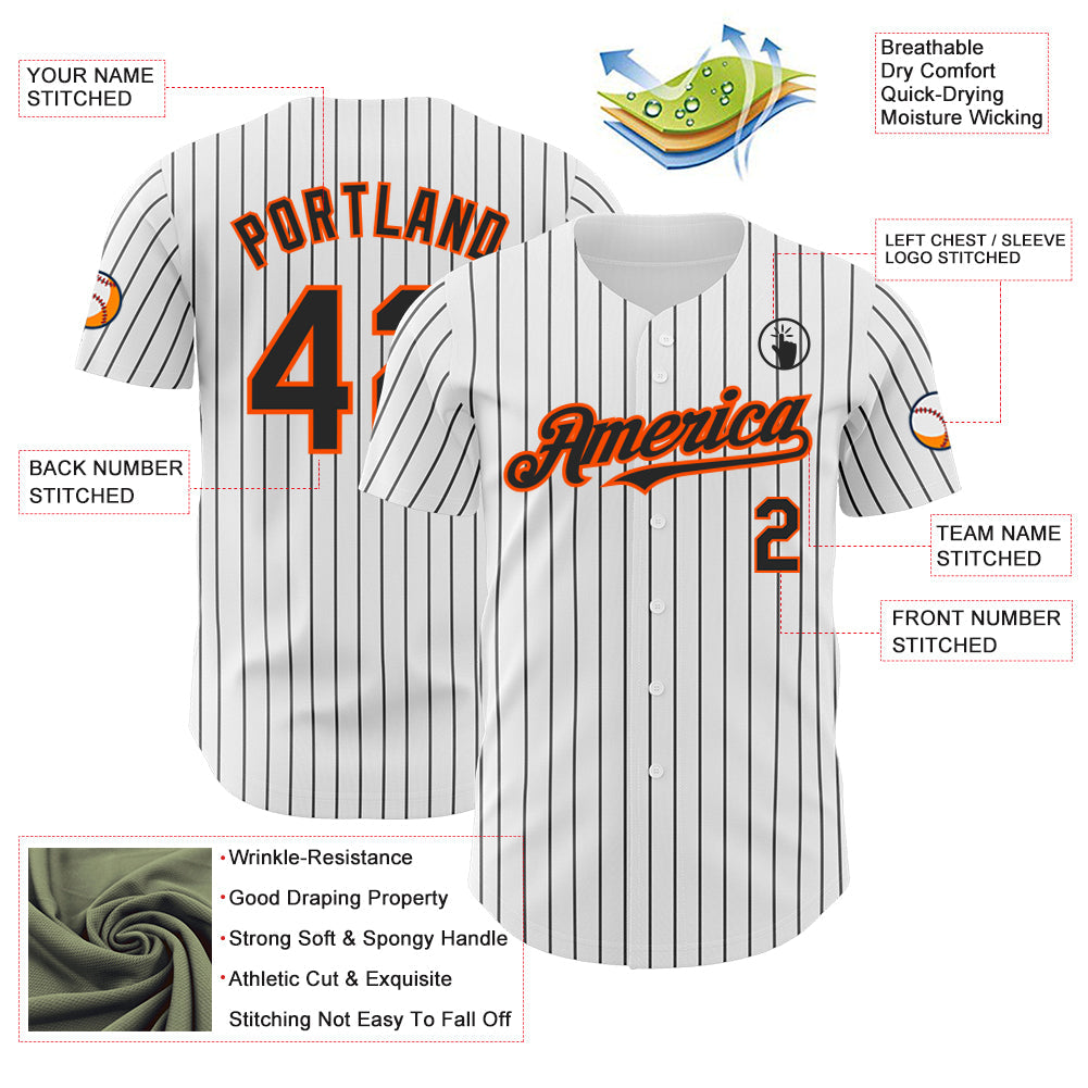 Custom White Black Pinstripe Orange Authentic Baseball Jersey view 3