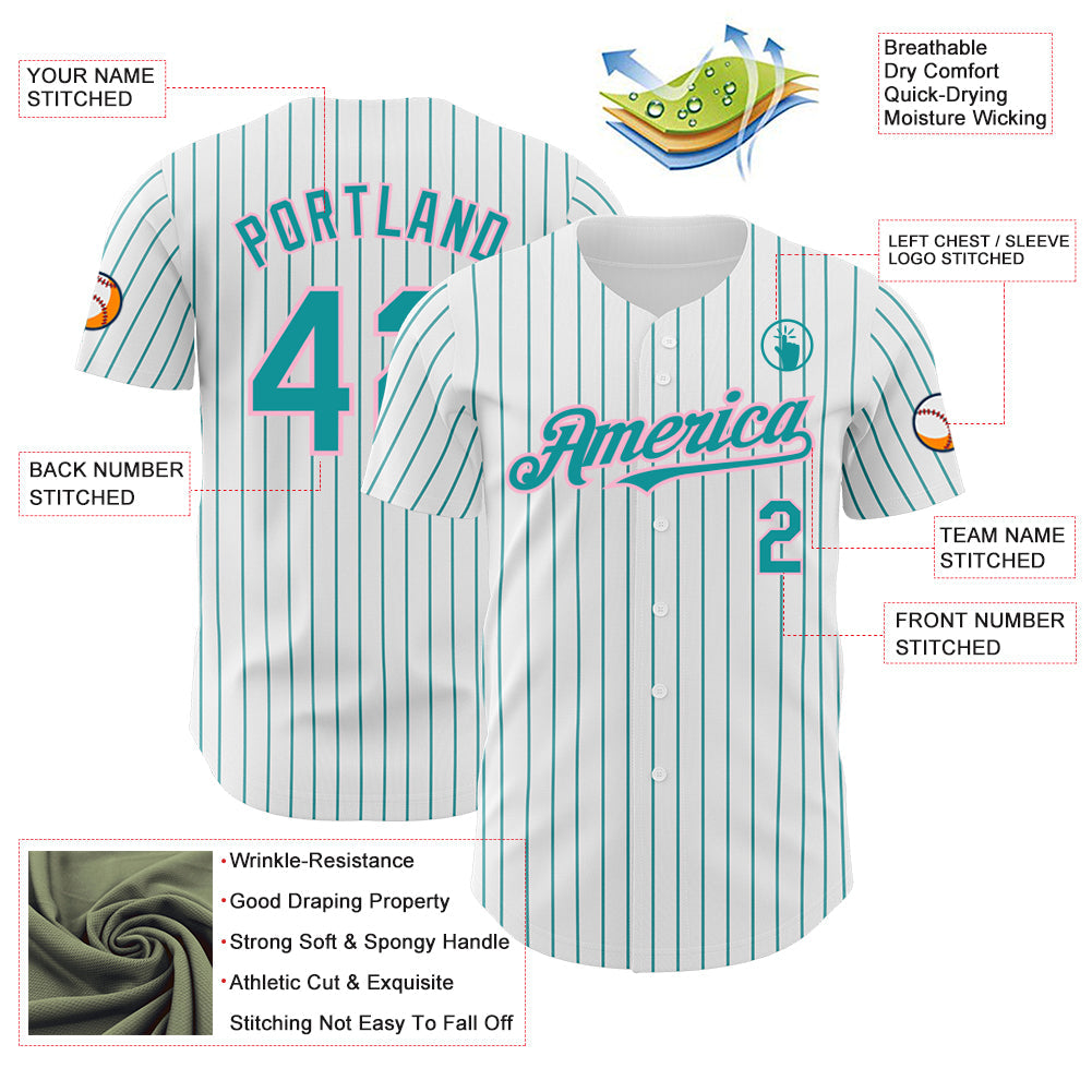 Custom White Teal Pinstripe Light Pink Authentic Baseball Jersey view 3