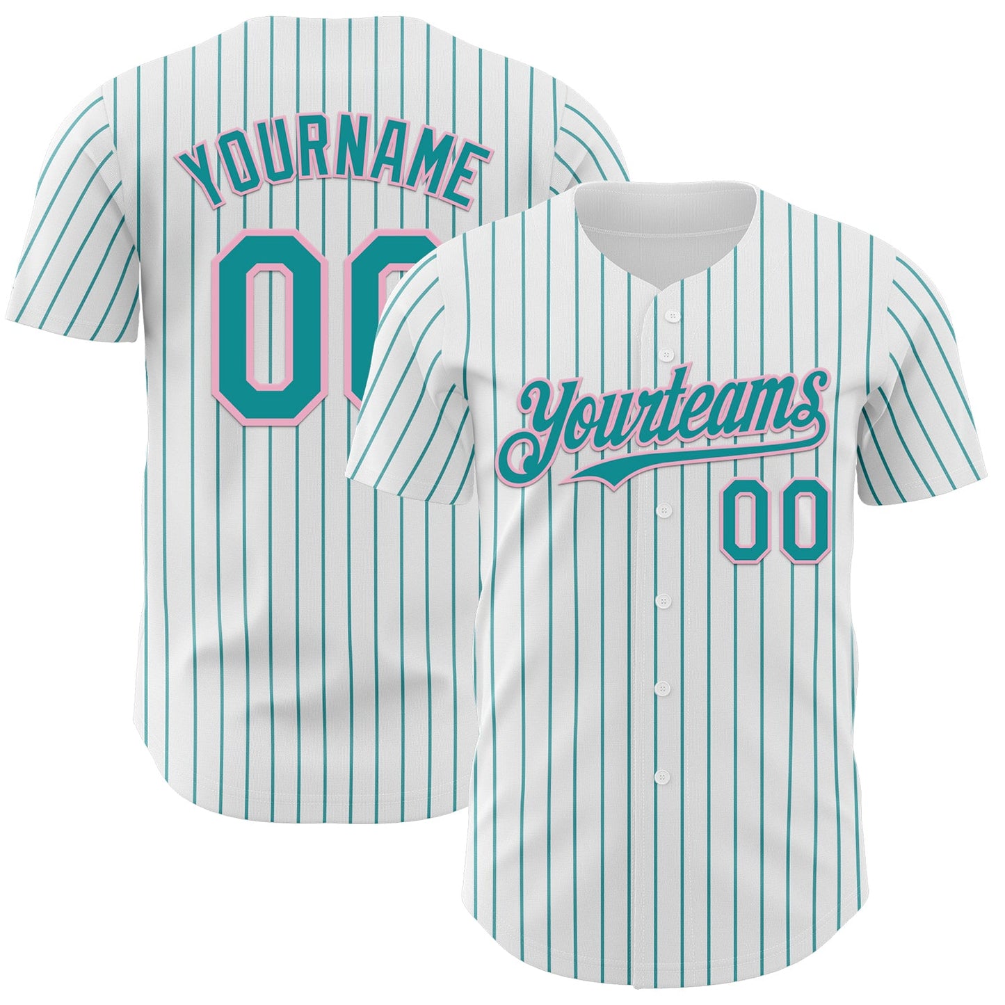 Custom White Teal Pinstripe Light Pink Authentic Baseball Jersey - Main View