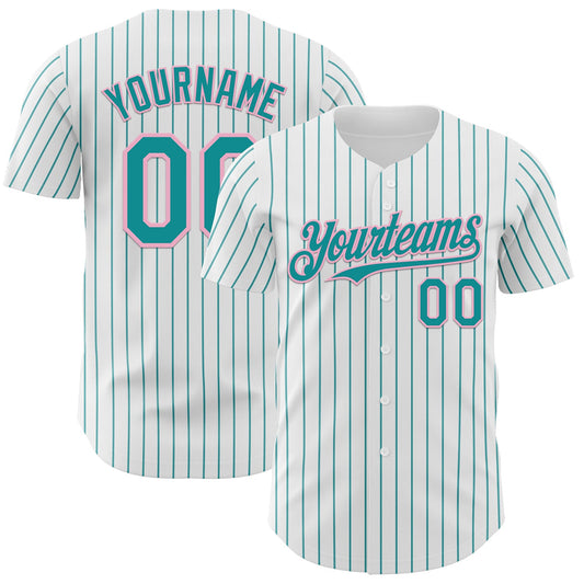Custom White Teal Pinstripe Light Pink Authentic Baseball Jersey - Main View