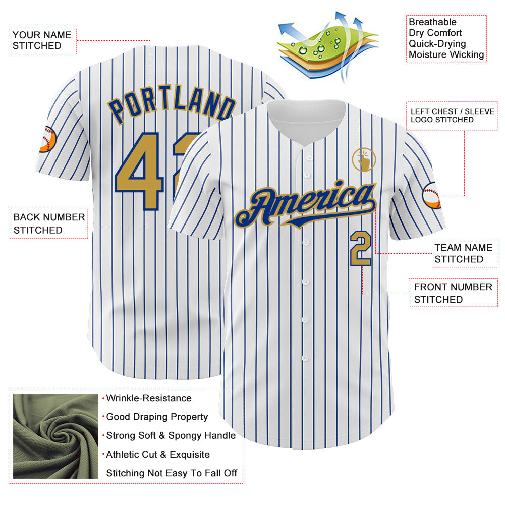 Custom White Royal Pinstripe Old Gold Authentic Baseball Jersey view 3