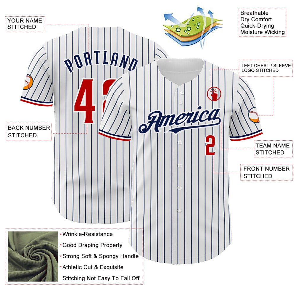 Custom White Navy Pinstripe Red Authentic Baseball Jersey view 3