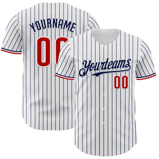 Custom White Navy Pinstripe Red Authentic Baseball Jersey - Main View