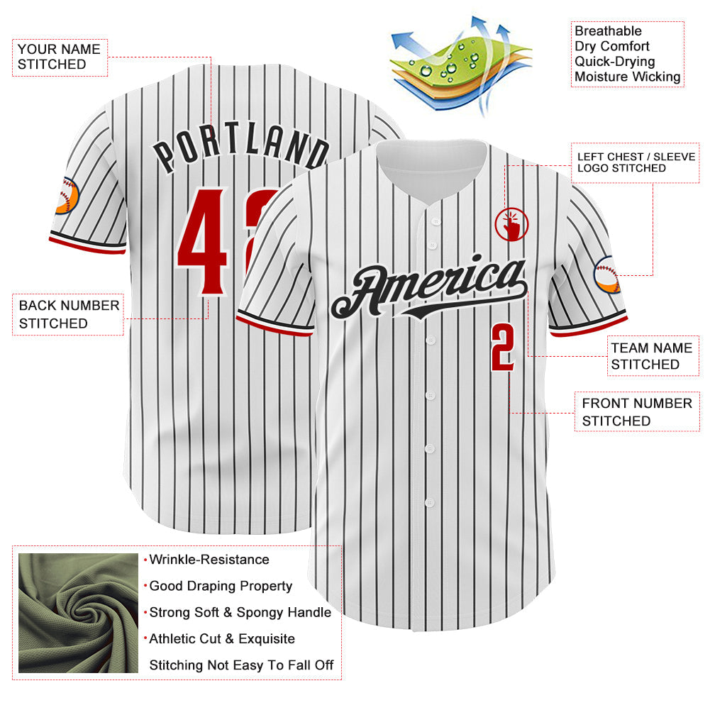 Custom White Black Pinstripe Red Authentic Baseball Jersey view 3