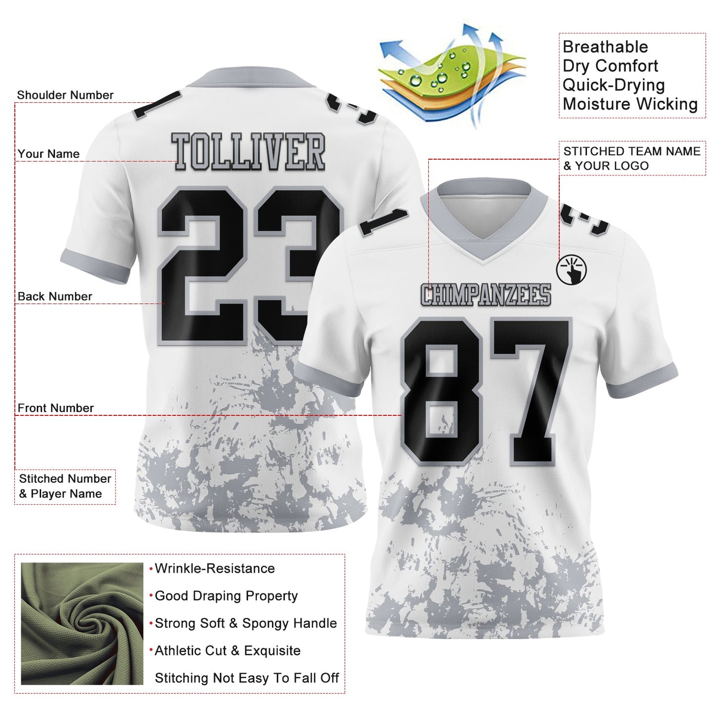 Custom White Black-Gray 3D Pattern Splash Authentic Football Jersey view 3