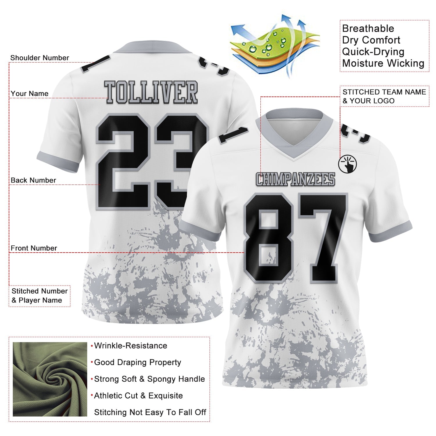 Custom White Black-Gray 3D Pattern Splash Authentic Football Jersey view 3