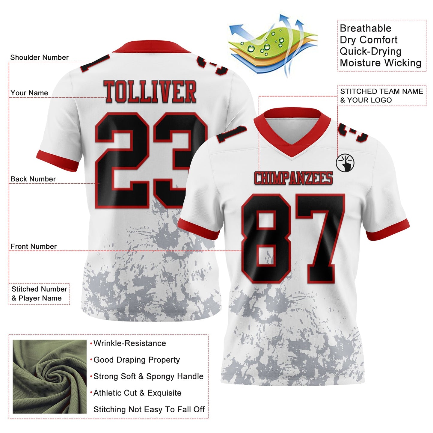 Custom White Black Gray-Red 3D Pattern Splash Authentic Football Jersey view 3