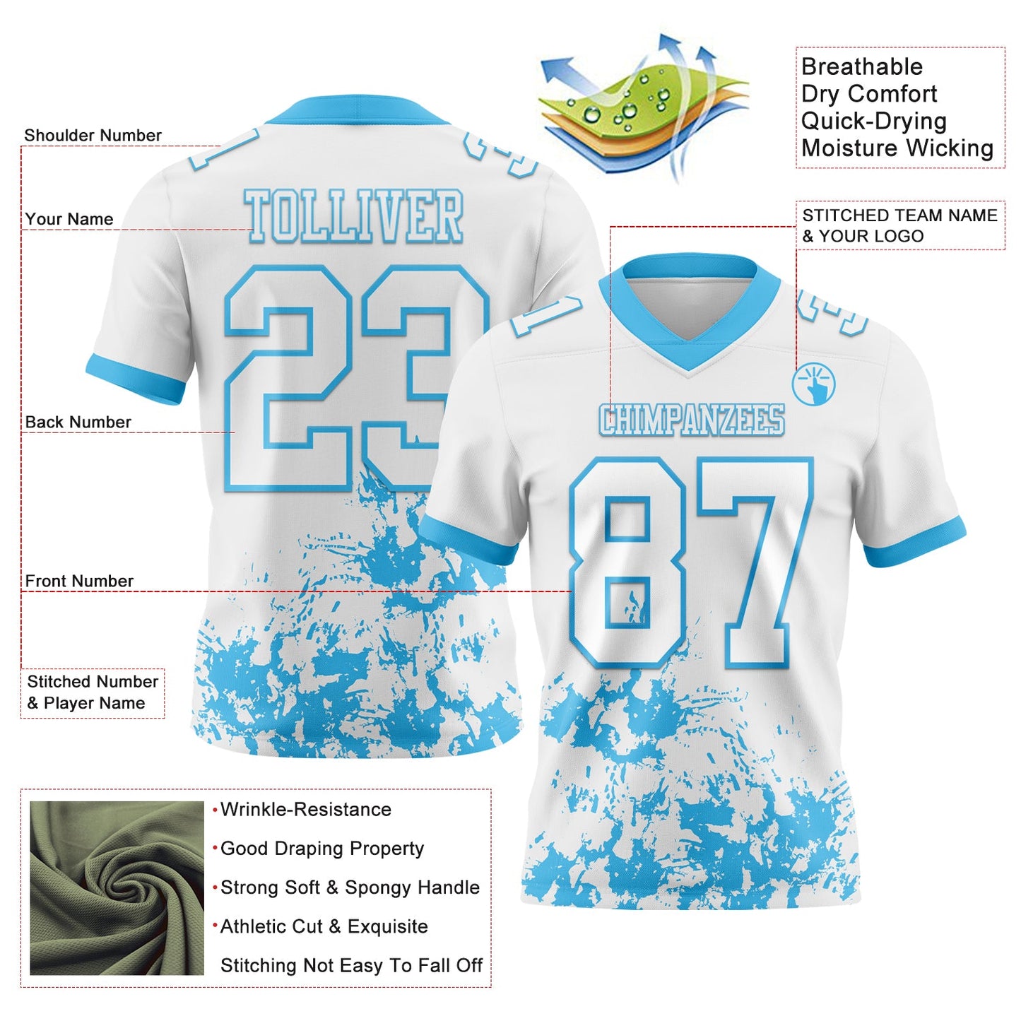 Custom White Sky Blue 3D Pattern Splash Authentic Football Jersey view 3