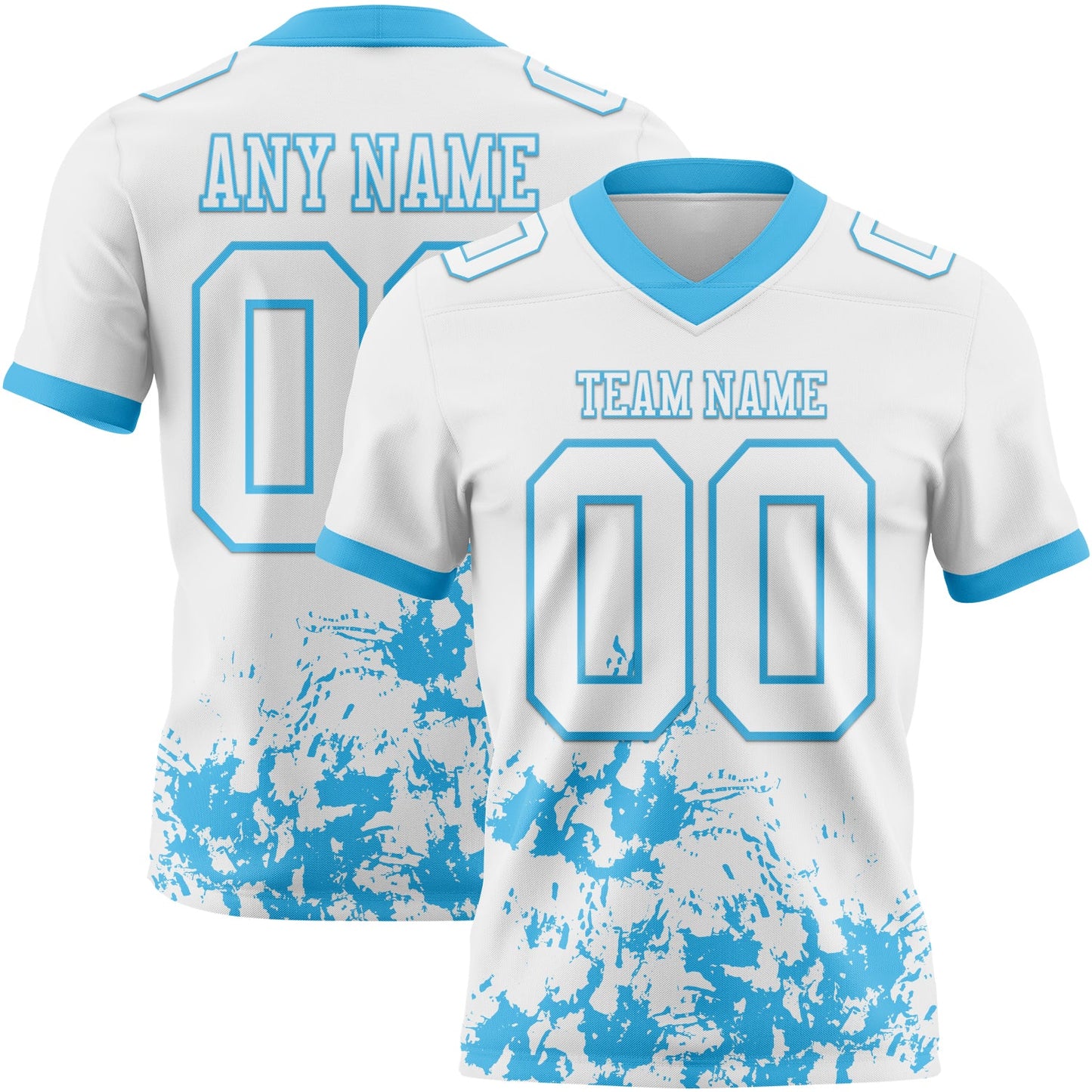 Custom White Sky Blue 3D Pattern Splash Authentic Football Jersey - Main View