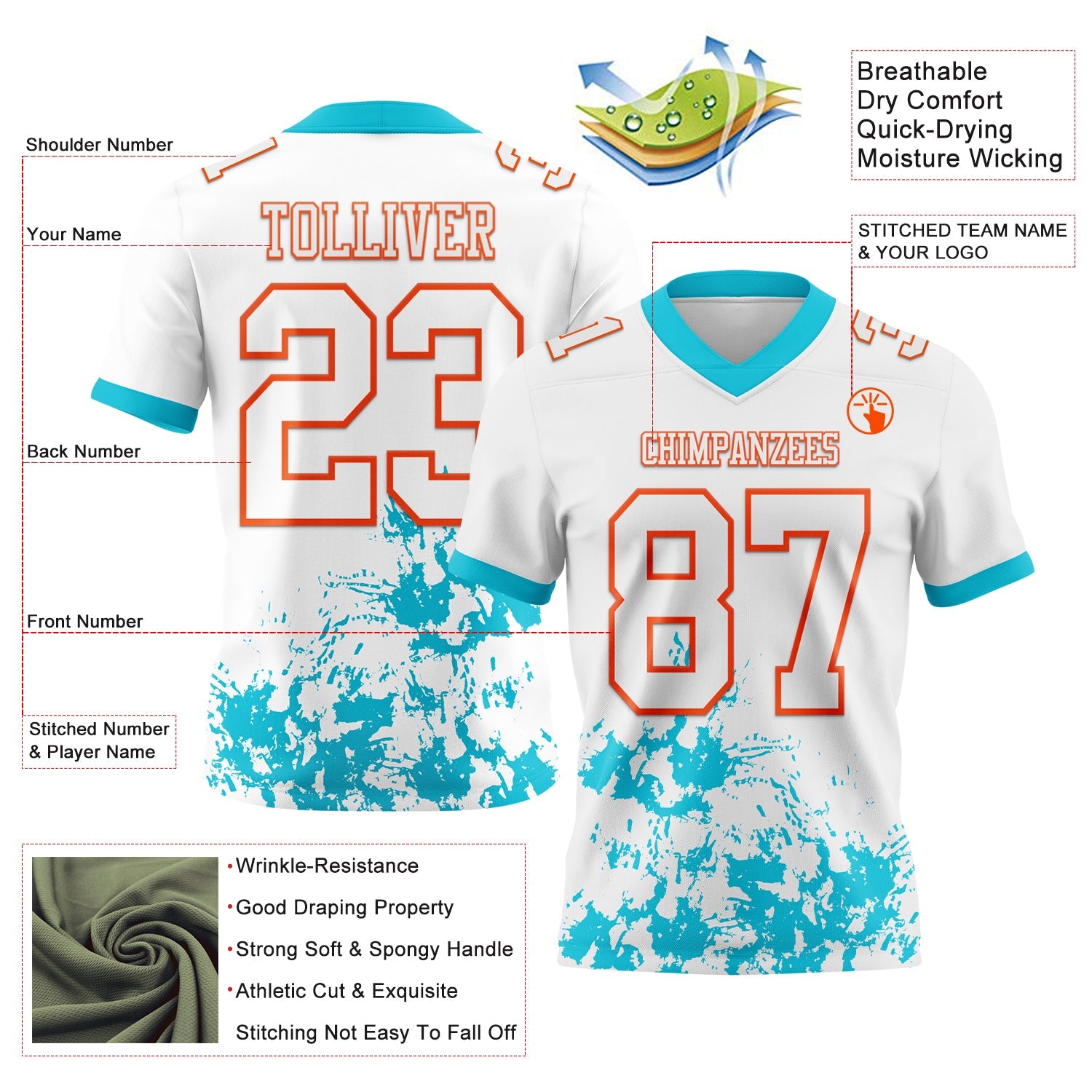 Custom White Lakes Blue-Orange 3D Pattern Splash Authentic Football Jersey view 3