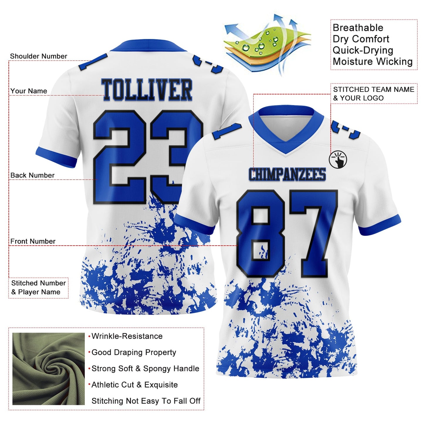 Custom White Thunder Blue-Black 3D Pattern Splash Authentic Football Jersey view 3