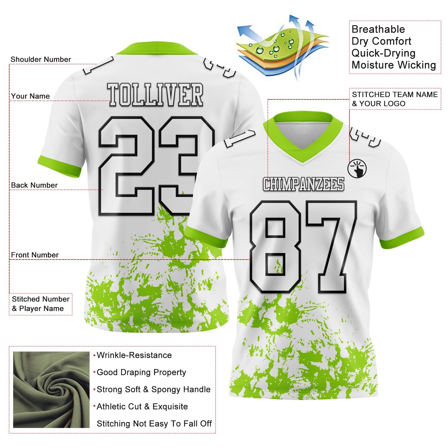 Custom White Neon Green-Black 3D Pattern Splash Authentic Football Jersey view 3