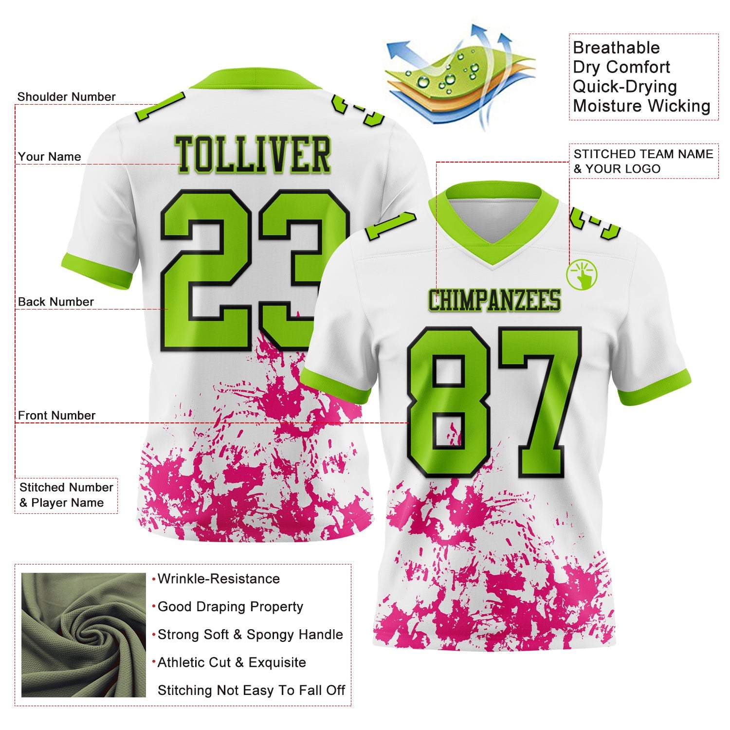Custom White Neon Green Hot Pink-Black 3D Pattern Splash Authentic Football Jersey view 3