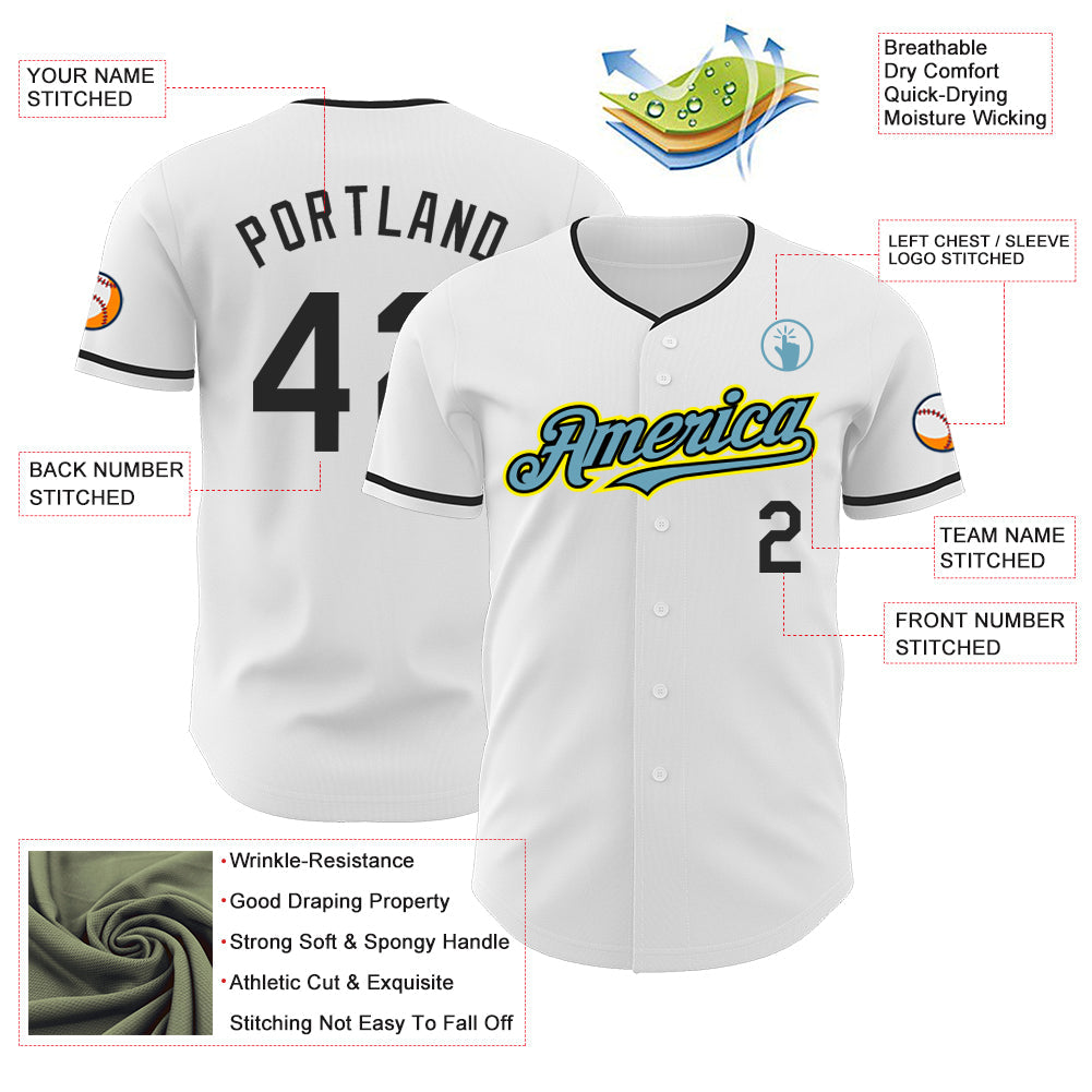 Custom White Black Shadow Blue-Light Yellow Authentic Baseball Jersey view 3