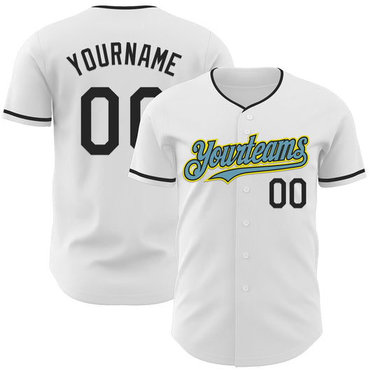 Custom White Black Shadow Blue-Light Yellow Authentic Baseball Jersey - Main View
