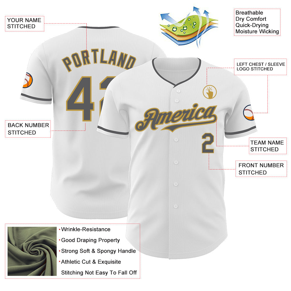 Custom White Steel Gray-Old Gold Authentic Baseball Jersey view 3