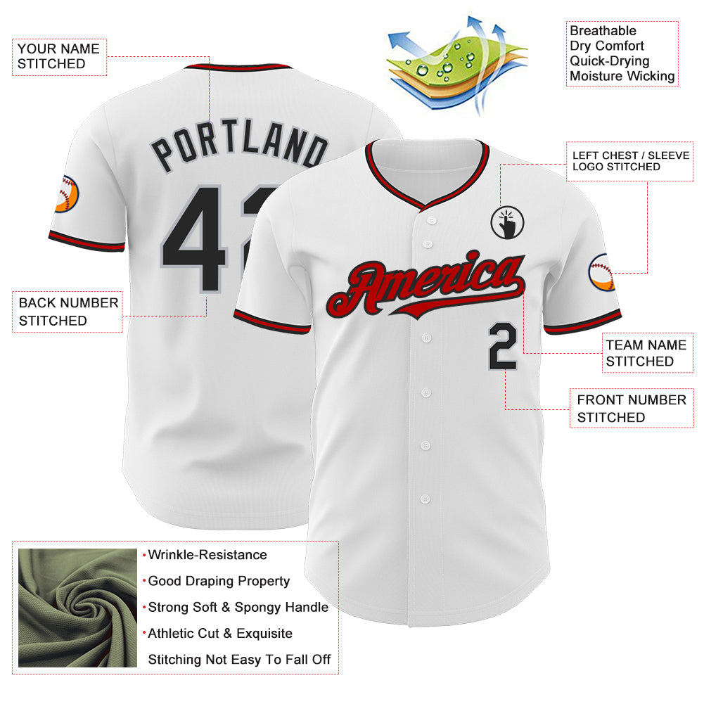 Custom White Black Gray-Red Authentic Baseball Jersey view 3