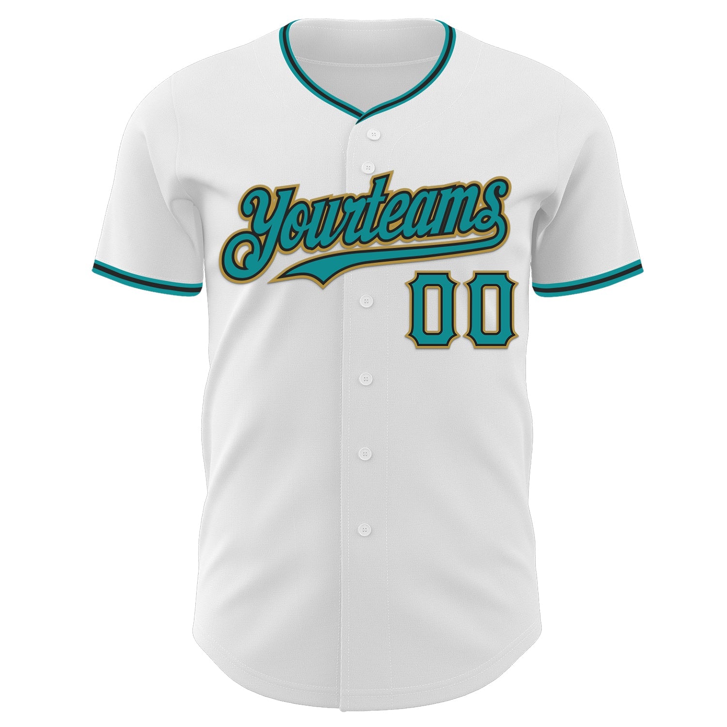 Custom White Teal Black-Old Gold Authentic Baseball Jersey view 2