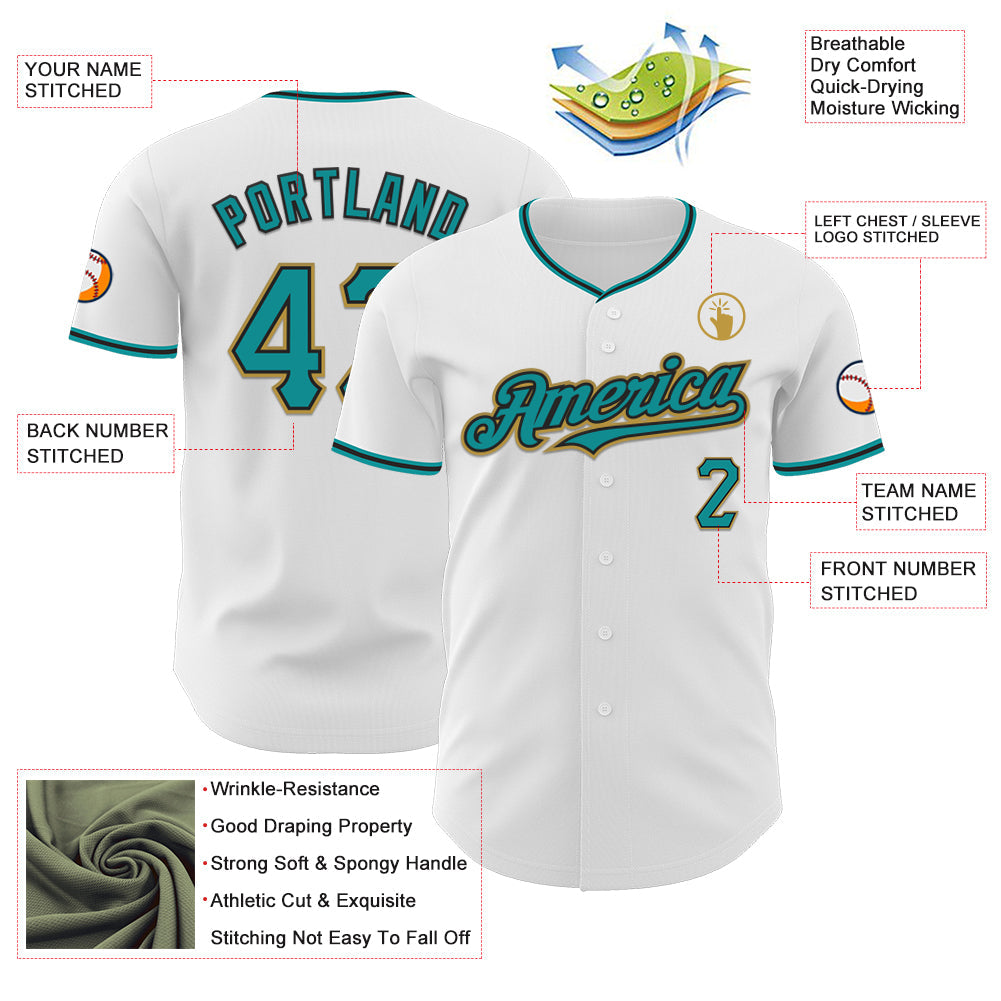 Custom White Teal Black-Old Gold Authentic Baseball Jersey view 3