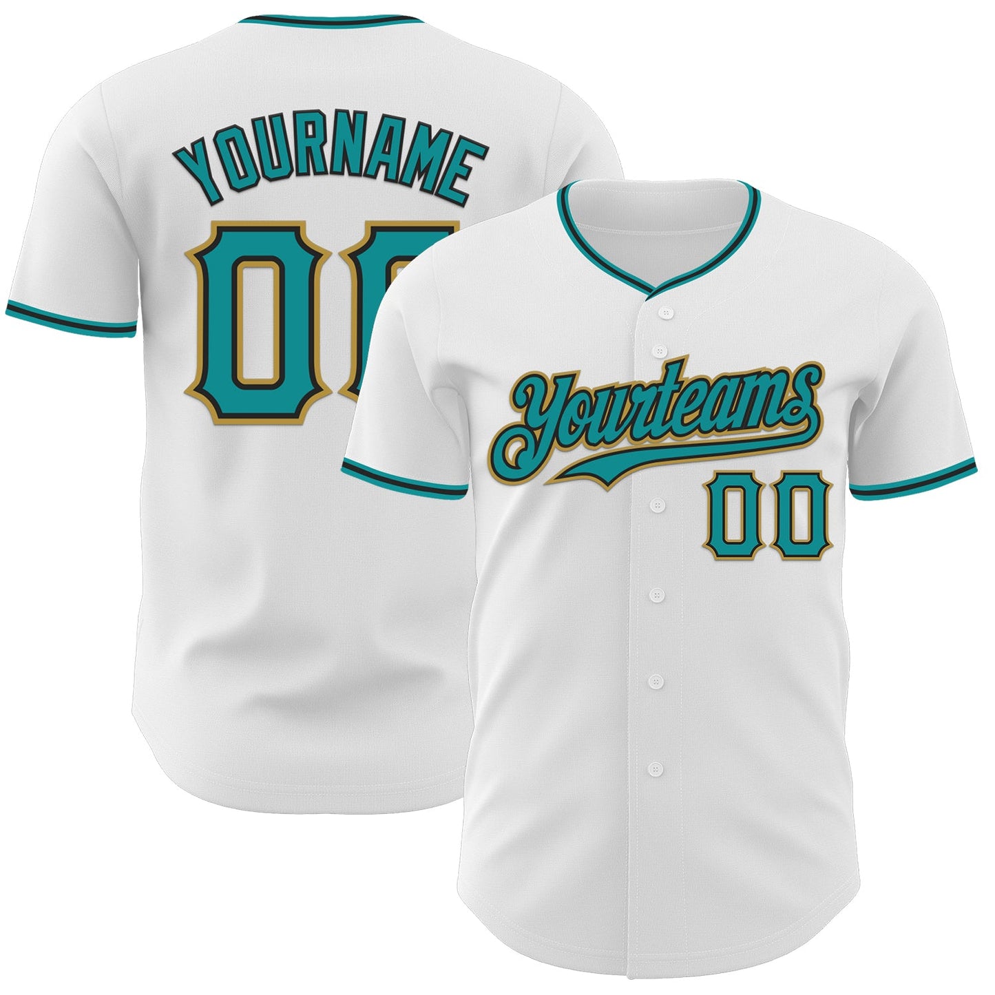 Custom White Teal Black-Old Gold Authentic Baseball Jersey - Main View