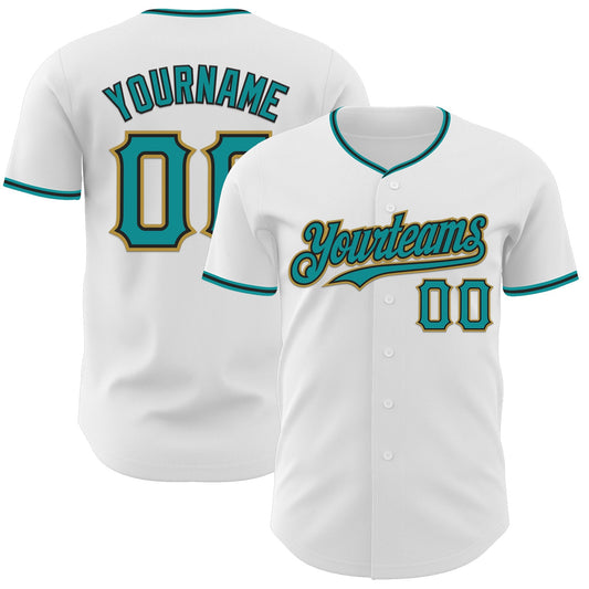 Custom White Teal Black-Old Gold Authentic Baseball Jersey - Main View