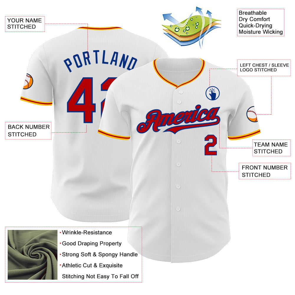 Custom White Red Royal-Gold Authentic Baseball Jersey view 3