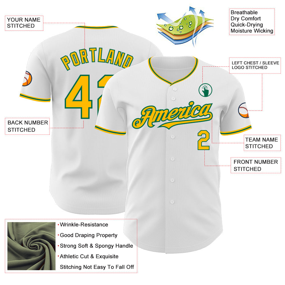 Custom White Gold-Kelly Green Authentic Baseball Jersey view 3