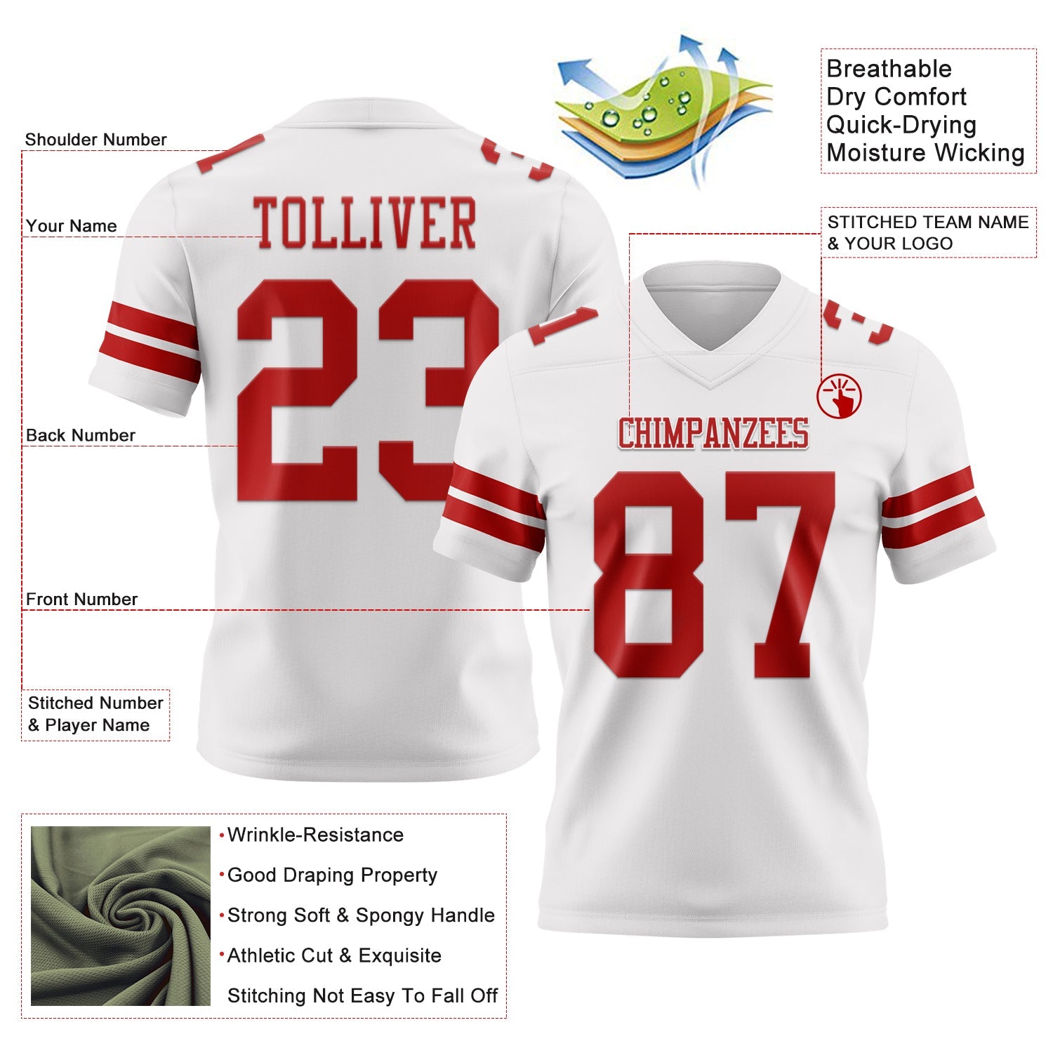 Custom White Red Authentic Football Jersey view 3