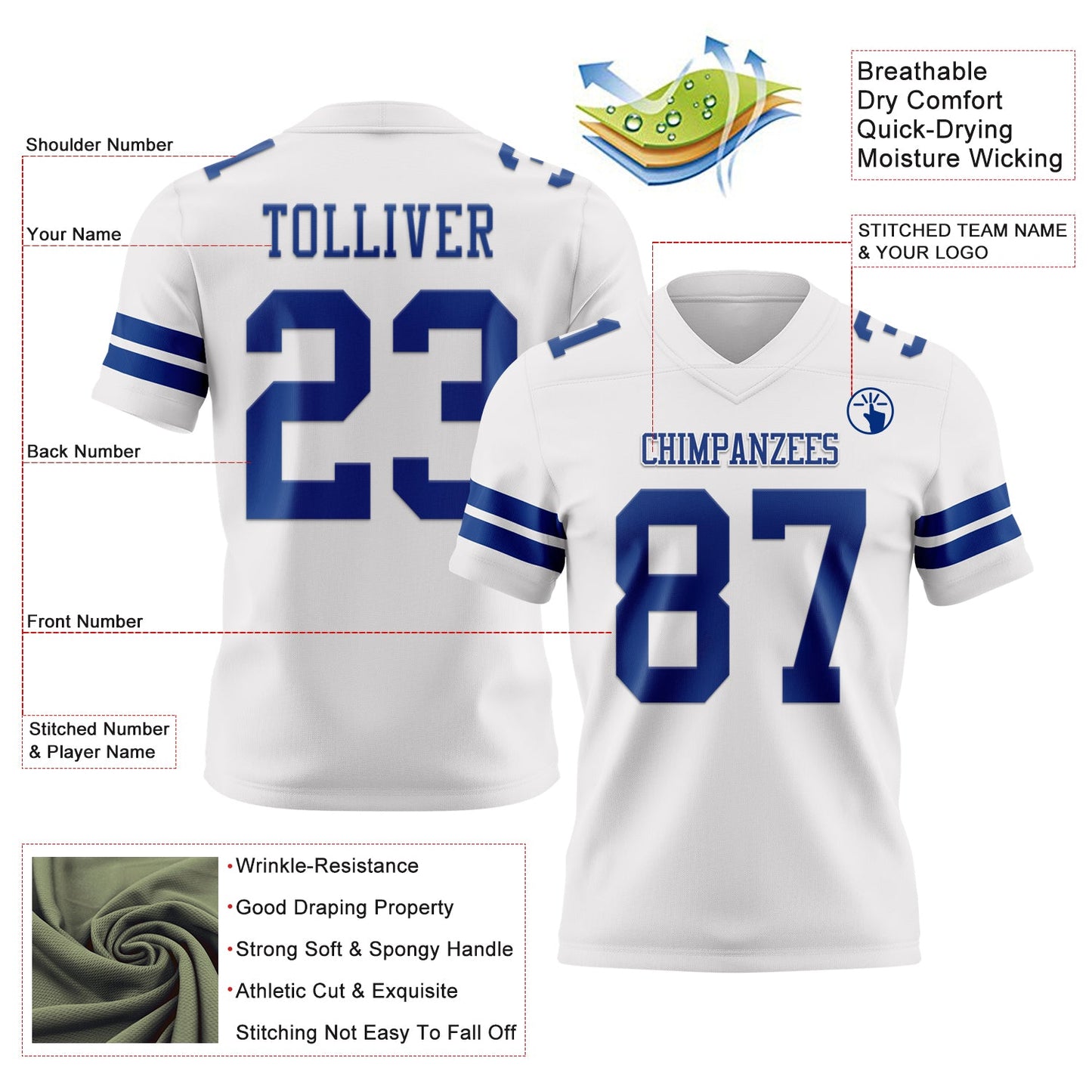 Custom White Royal Authentic Football Jersey view 3