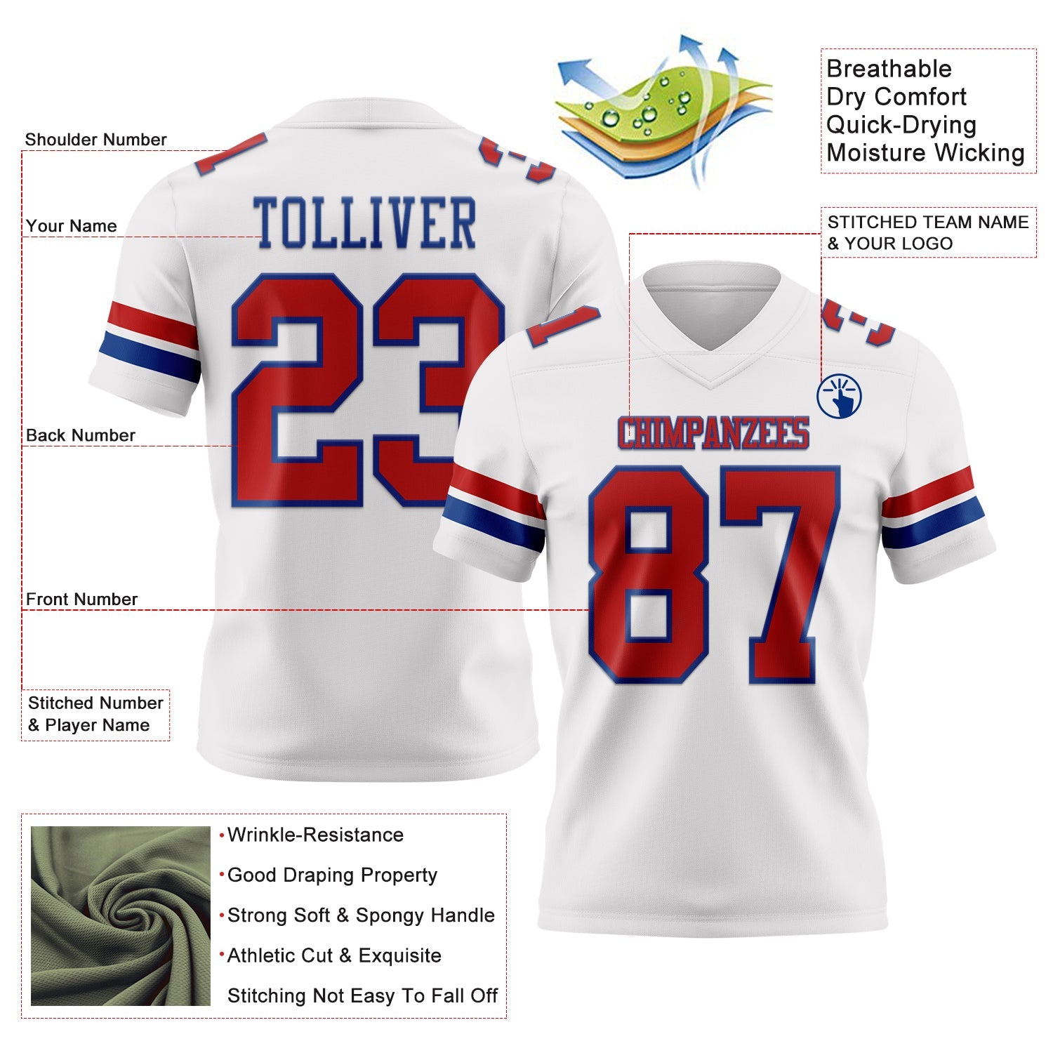 Custom White Red-Royal Authentic Football Jersey view 3