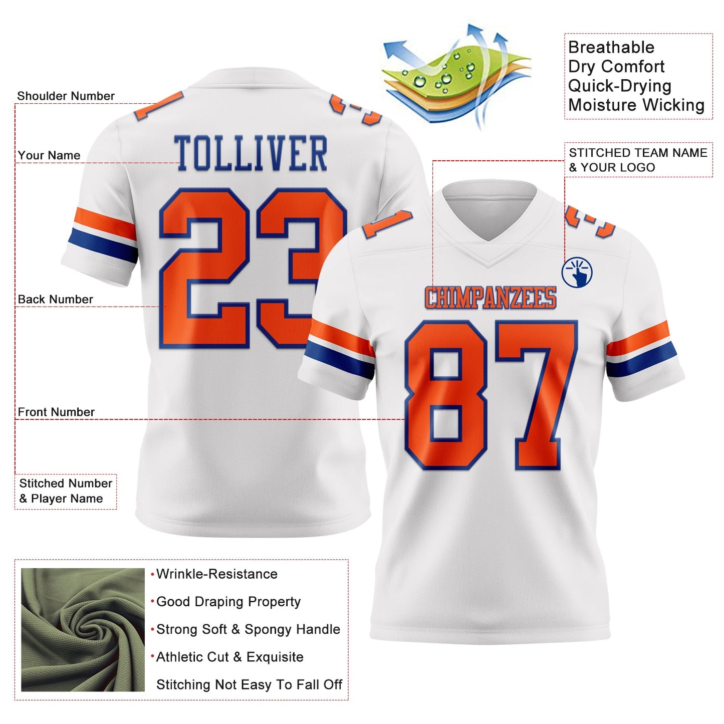 Custom White Orange-Royal Authentic Football Jersey view 3