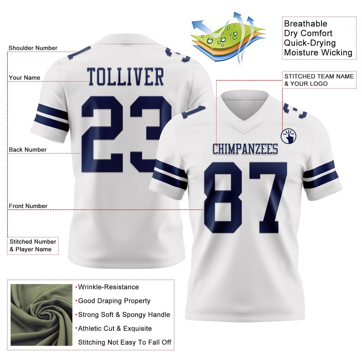 Custom White Navy Authentic Football Jersey view 3