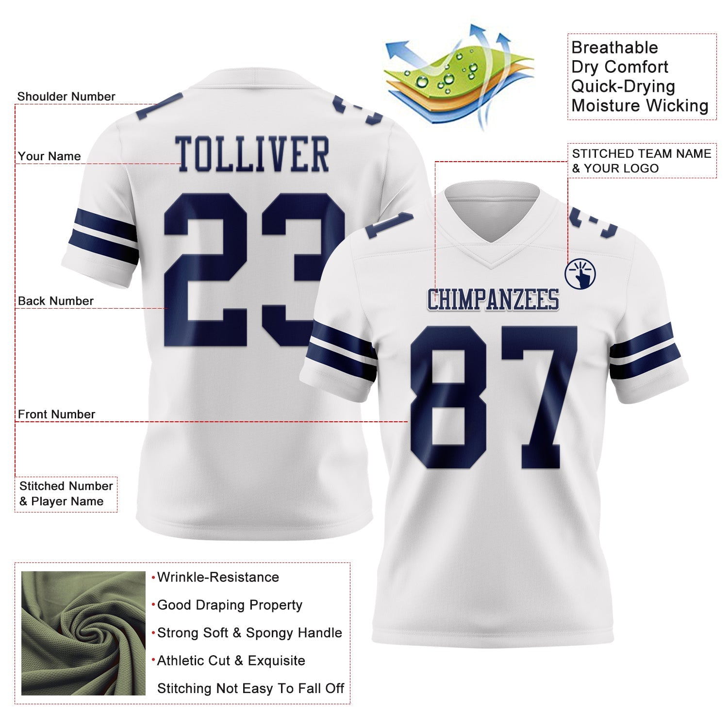 Custom White Navy Authentic Football Jersey view 3