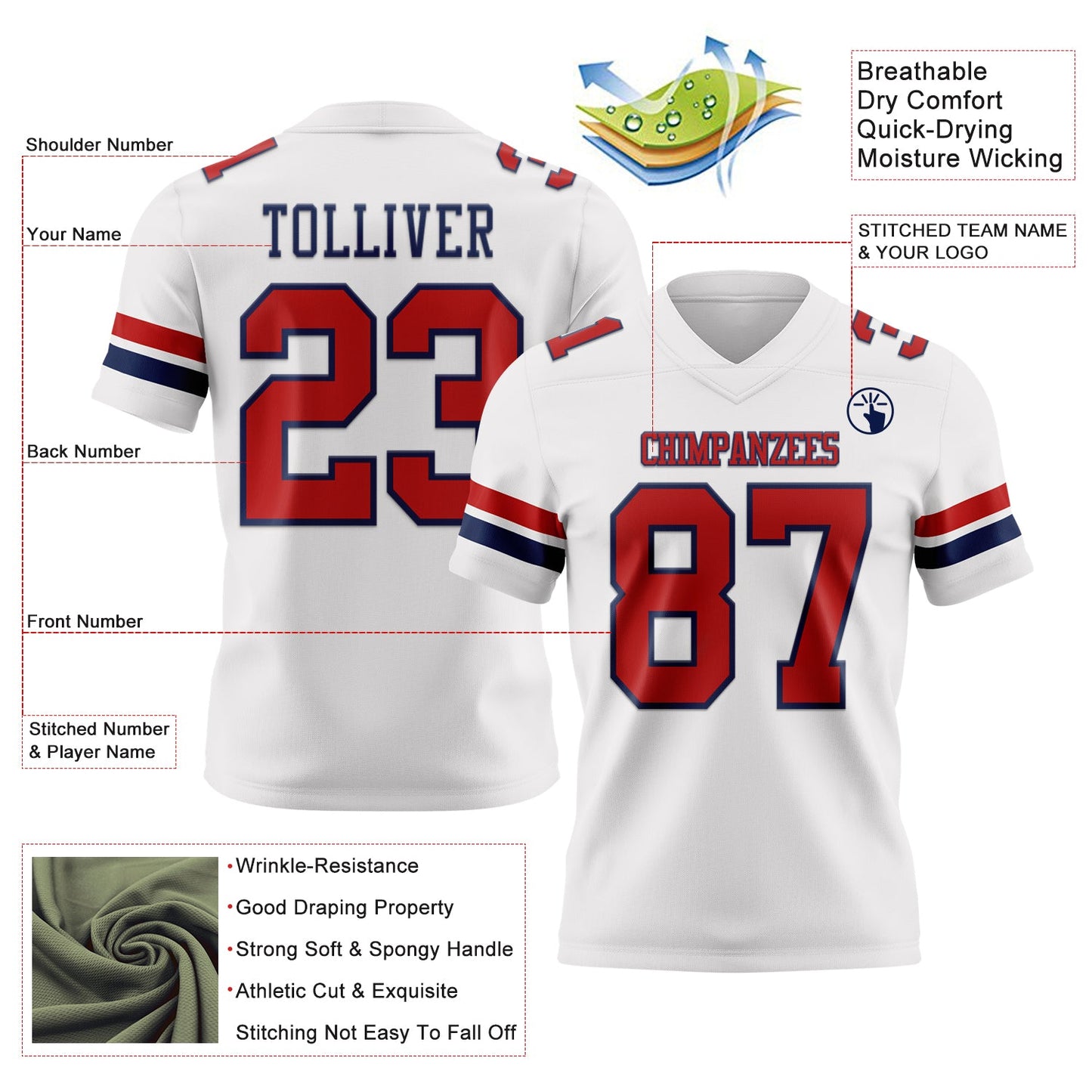 Custom White Red-Navy Authentic Football Jersey view 3
