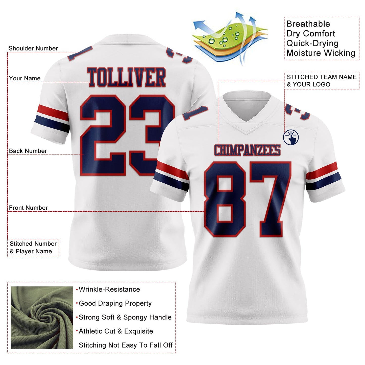 Custom White Navy-Red Authentic Football Jersey view 3