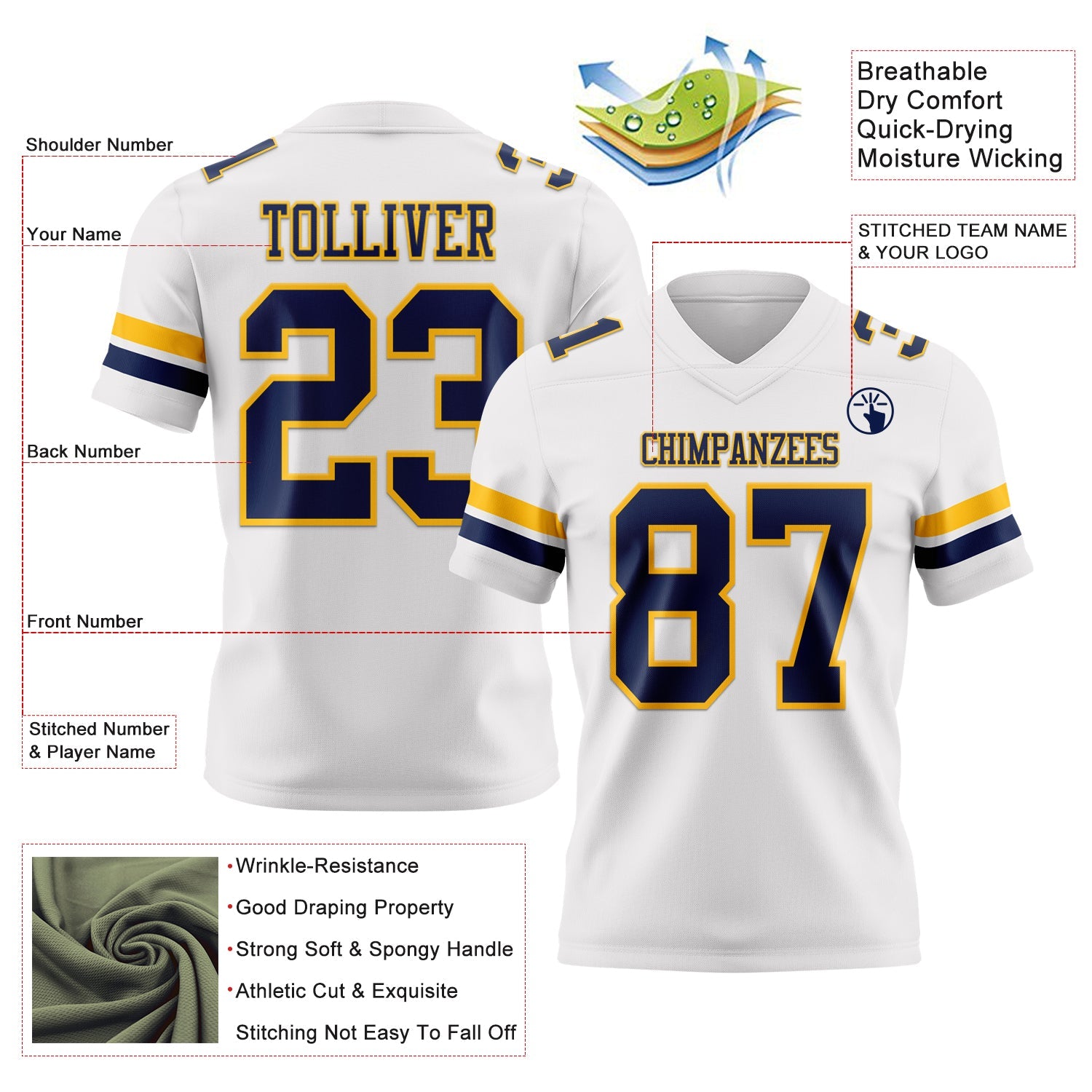 Custom White Navy-Gold Authentic Football Jersey view 3