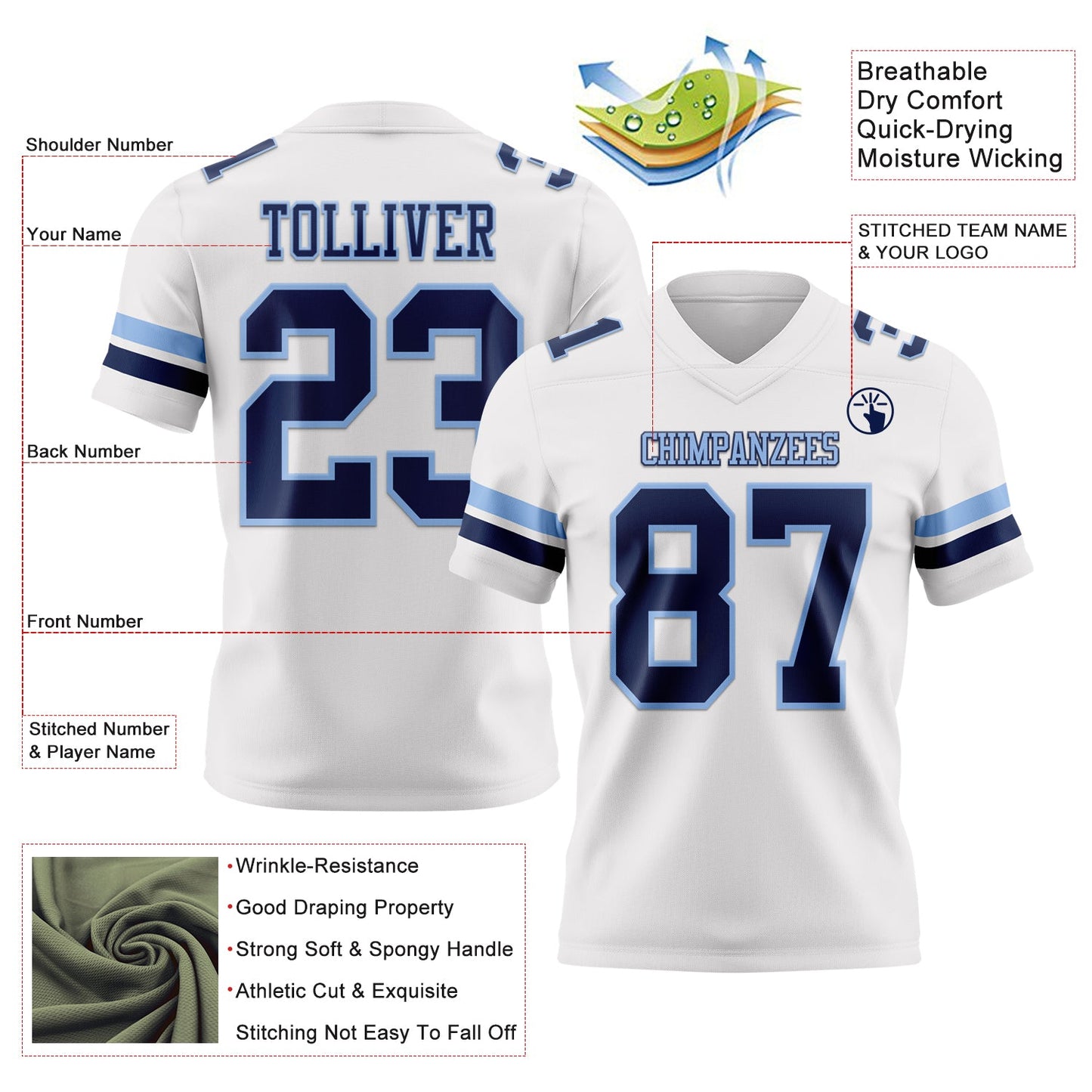 Custom White Navy-Light Blue Authentic Football Jersey view 3